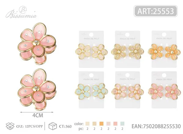 Mini pinzas de cabello flor de 5 pétalos dorada con cristales 4 cm, 2 piezas