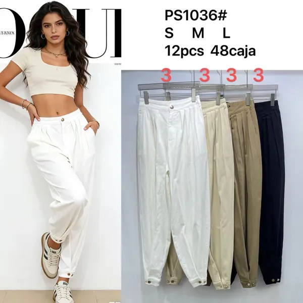Pantalones de mujer con pliegues y botones en el tobillo-PS1036