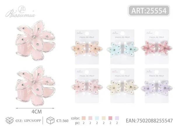 Mini pinzas de cabello flor de plumeria con cristales y brillos 4 cm, 2 piezas