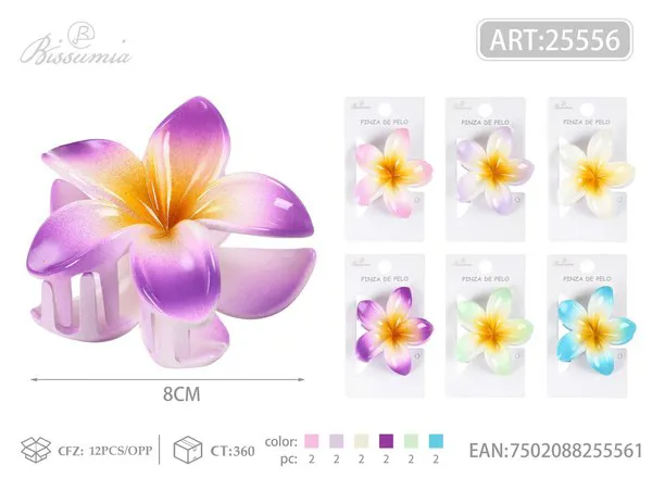 Pinza de cabello tipo garra flor de plumeria degradada bicolor 8 cm
