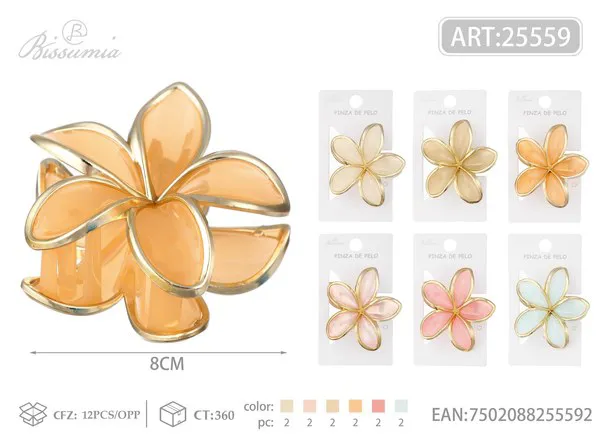 Pinza para el cabello de flor de plumeria con borde dorado tonos pastel 8 cm