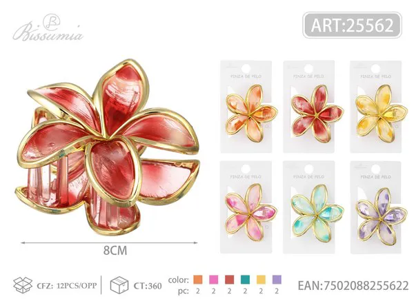 Pinza para el cabello de flor de plumeria tonos intensos con borde dorado 8 cm