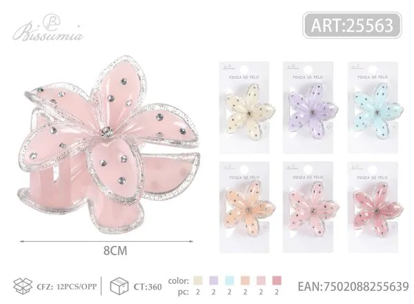 Pinza para el cabello de flor de plumeria con brillantes y borde de glitter 8 cm