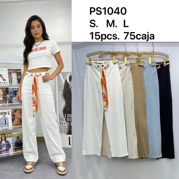 Pantalones de pierna ancha con cinturón de cadena y pañuelo-PS1040