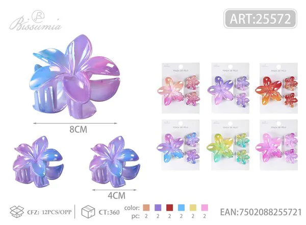 Set de pinzas de flor de plumeria degradado tornasol 8 cm + 2 de 4 cm