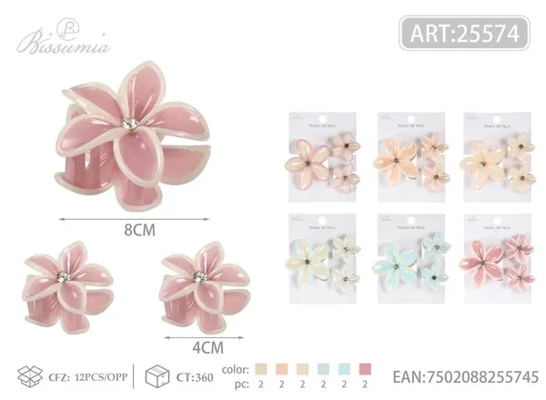 Set de pinzas de flor de plumeria con brillante central 8 cm + 2 de 4 cm