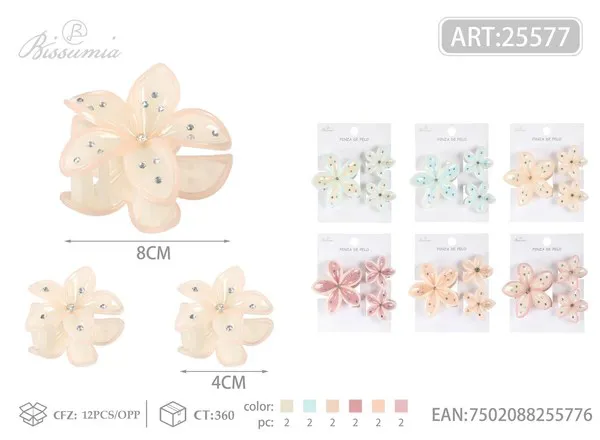 Set de pinzas de flor de plumeria translúcida con brillantes 8 cm + 2 de 4 cm