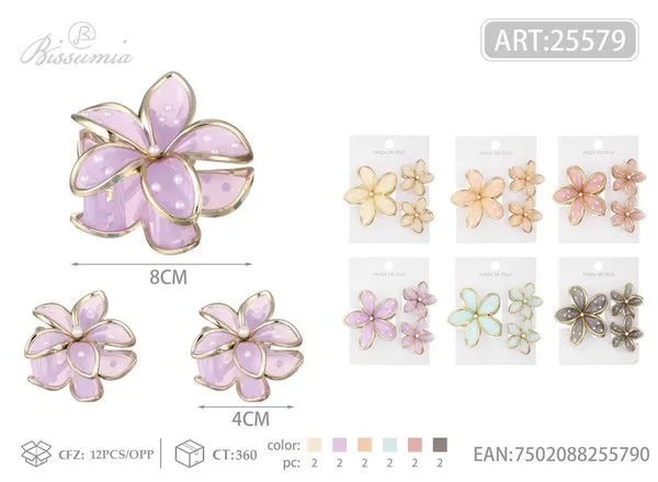 Set de pinzas de flor de plumeria con perlas y borde dorado 8 cm + 2 de 4 cm