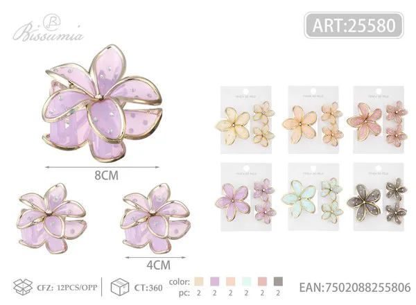 Set de pinzas de flor de plumeria con brillantes y borde dorado 8 cm + 2 de 4 cm