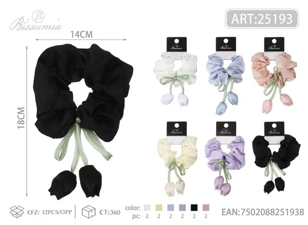 Scrunchie de satín con moño y tulipanes colgantes para mujer 14 cm