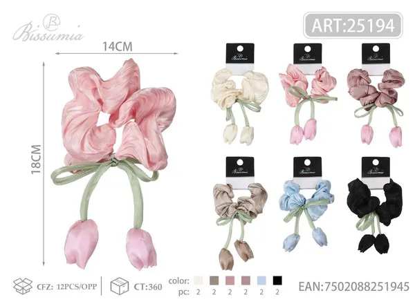 Scrunchie de satín plisado con listón y tulipanes para mujer 14 cm