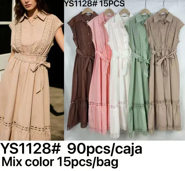 Vestido camisero largo con encaje y cinturón-YS1128