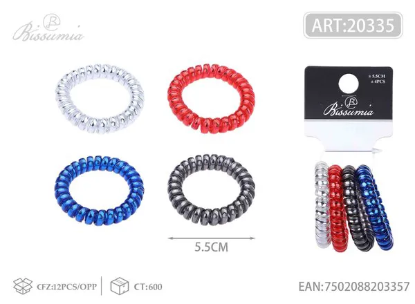 Ligas tipo resorte metalizadas plata, rojo, azul y gris 5.5 cm, 4 piezas