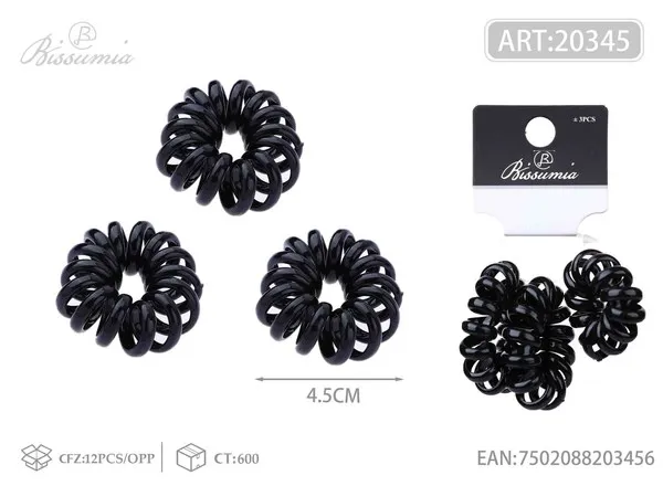 Ligas tipo resorte trenzadas en espiral negras 4.5 cm, 3 piezas