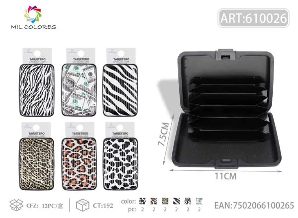 Tarjetero de aluminio animal print cebra, leopardo y billetes 11x7.5 cm
