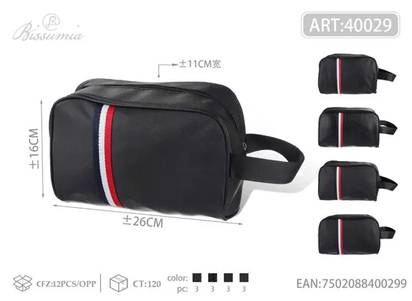 Neceser negro para hombre con franja tricolor y asa 26x16x11 cm