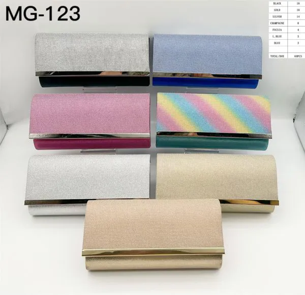 Clutch de noche con brillantina y barra metálica recta en la solapa
