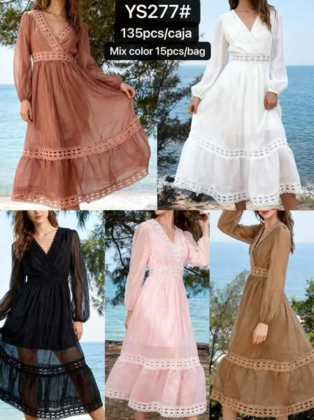 Vestido largo de encaje con cuello en V-YS277