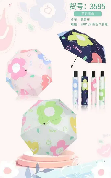 Paraguas automático plegable con flores y corazones Love y capa negra