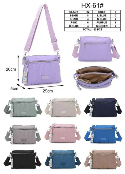 Bolsa cruzada plana acolchada de nailon con correa ancha y llavero decorativo