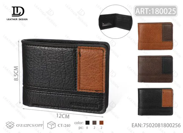 Billetera bicolor de piel sintética para hombre en caja de regalo 12x8.5 cm