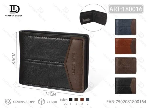 Billetera para hombre bicolor con pespuntes y parche en V 12x8.5 cm