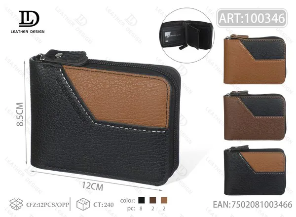Billetera con cierre para hombre bicolor con parche diagonal 12x8.5 cm