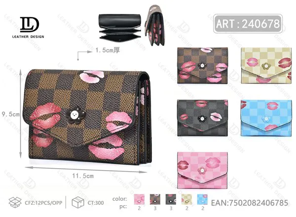 Tarjetero de piel sintética a cuadros con labios para mujer 11.5x9.5 cm