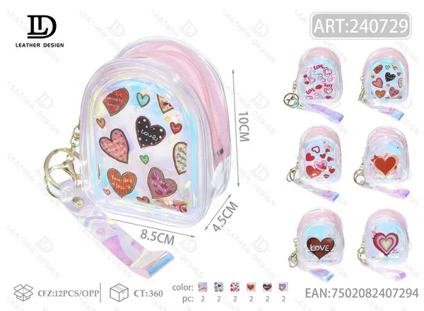 Monedero mini mochila holográfico con corazones y llavero 8.5x10 cm