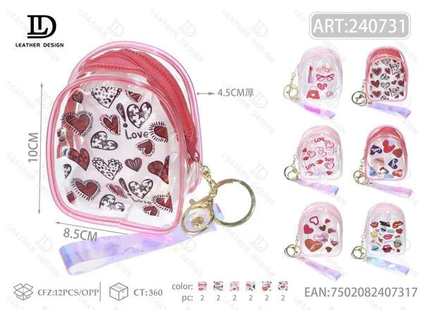 Monedero mini mochila transparente con corazones y labios 8.5x10 cm