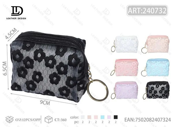 Monedero de malla con flores bordadas y aro llavero 9x6.5 cm