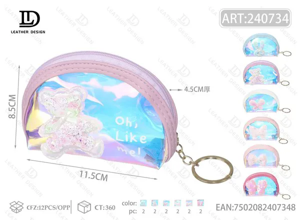 Monedero media luna holográfico con osito o moño y llavero 11.5 cm