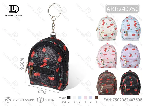 Monedero mini mochila estampado de cerezas con llavero 6x9.5 cm
