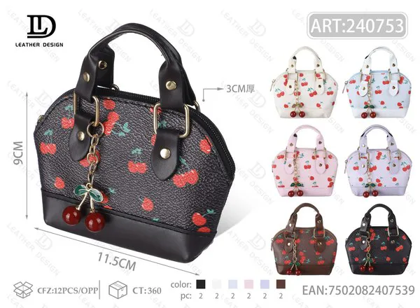 Monedero tipo bolsa de mano estampado de cerezas con dije de cereza 11.5x9 cm