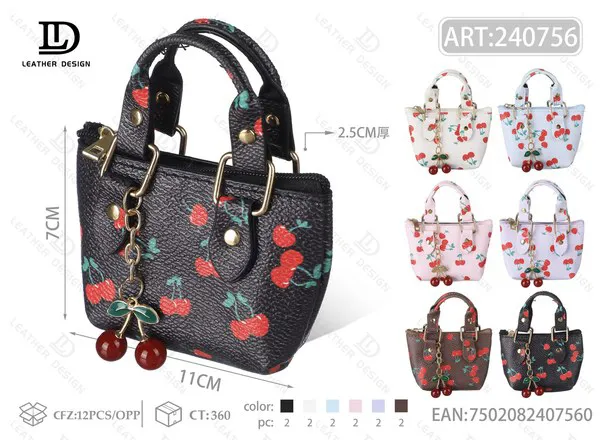 Monedero mini bolsa tote estampado de cerezas con dije de cereza 11x7 cm