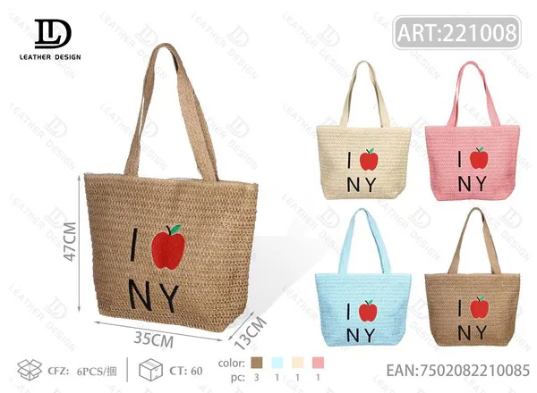 Bolsa tote de paja tejida con estampado I love NY para mujer 35x47 cm