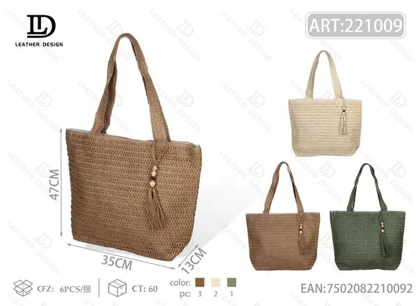 Bolsa tote de paja tejida lisa con borla y cuentas para mujer 35x47 cm