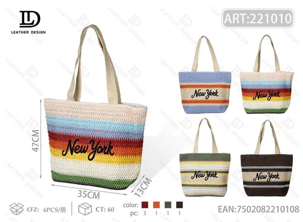 Bolsa tote de paja tejida a rayas con bordado New York para mujer 35x47 cm
