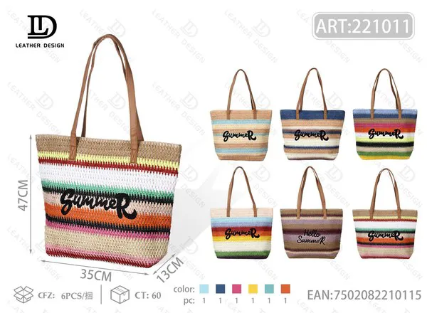 Bolsa tote de paja tejida a rayas Summer con asas de piel para mujer 35x47 cm