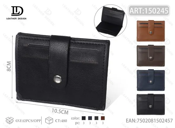 Tarjetero plegable de piel sintética lisa con broche para hombre 10.5x8 cm