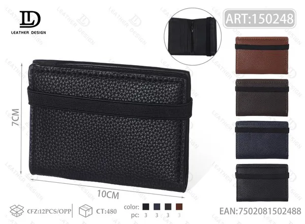 Tarjetero plegable de piel texturizada con banda elástica para hombre 10x7 cm