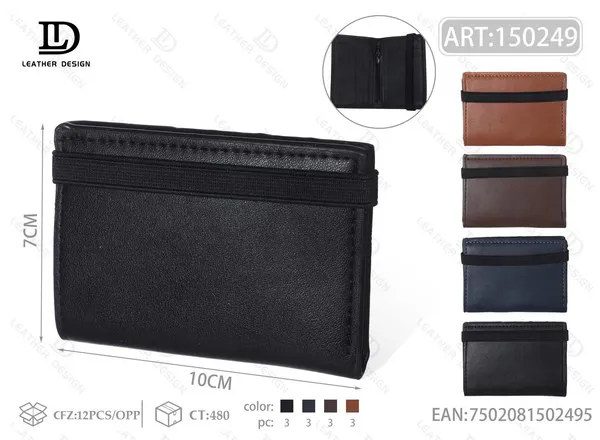 Tarjetero plegable de piel sintética lisa con banda elástica para hombre 10x7 cm