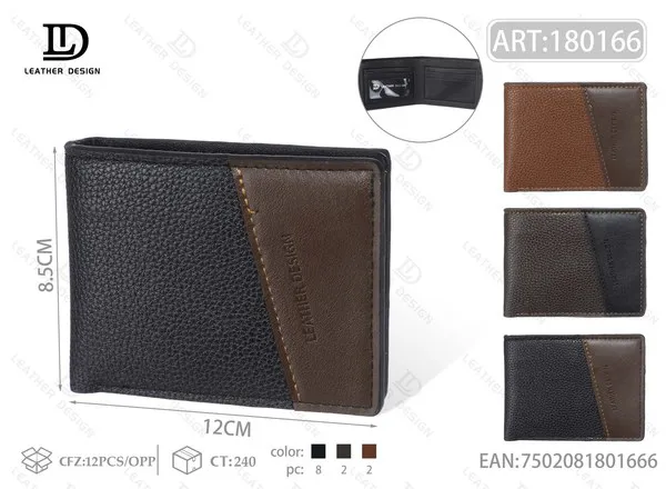 Billetera para hombre con panel diagonal en contraste 12x8.5 cm