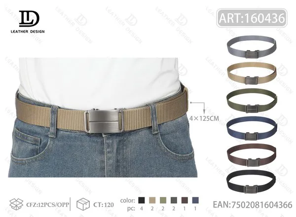 Cinturón de nylon con hebilla automática metálica lisa para hombre 4x125 cm