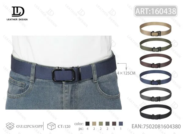 Cinturón de nylon tejido con hebilla automática negra mate para hombre 4x125 cm