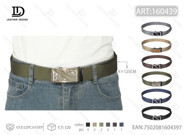 Cinturón de nylon con hebilla automática plateada grabada para hombre 4x125 cm