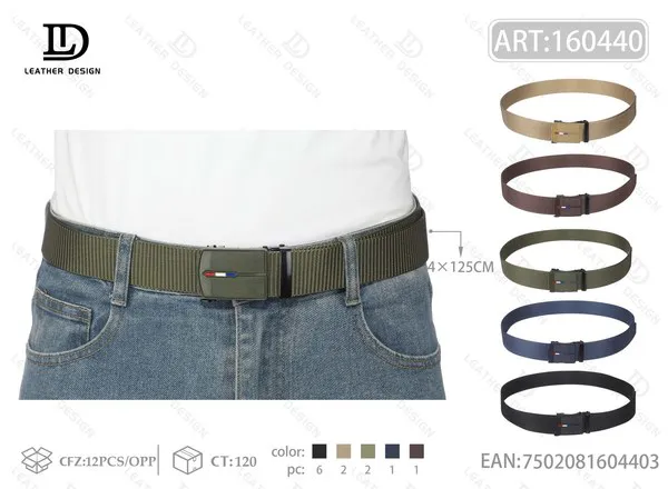 Cinturón de nylon con hebilla automática y franja tricolor para hombre 4x125 cm