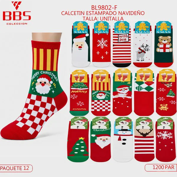 Calcetines navideños unisex de cuadros con Santa, osito y renos, 12 pares