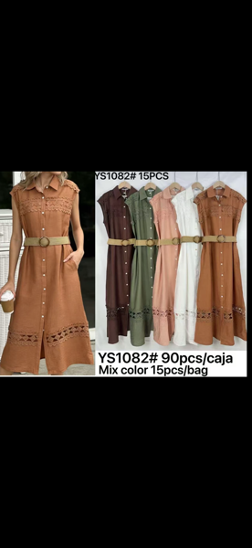 Vestido camisero largo sin mangas con encaje y cinturón para mujer