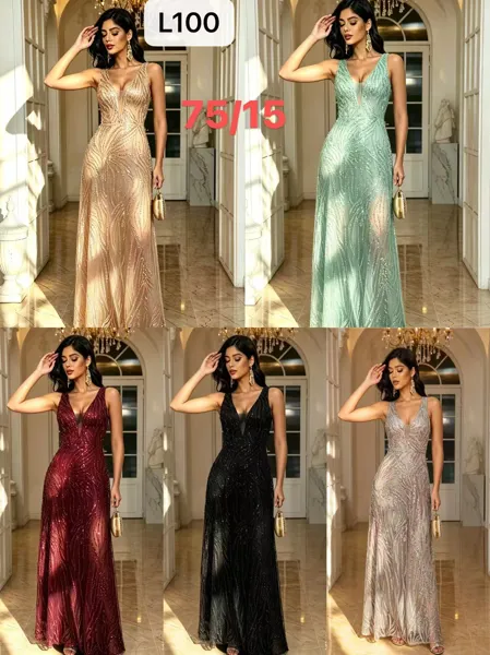 Vestido largo de gala con lentejuelas y escote en V para mujer